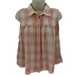 Free People Extra Small XS Pink Cream Collared Check Sleeveless Raw Hem Shirt
